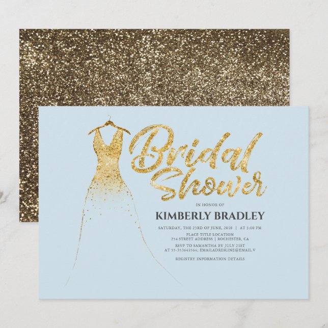 Guld Glitter Bröllop Gown Dusty Blue Möhippa Inbjudningar (Fram/baksida)