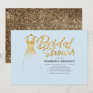 Guld Glitter Bröllop Gown Dusty Blue Möhippa Inbjudningar