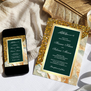 Guld Glitter Brun Marmor Smaragd Muslimsk Bröllop Inbjudningar
