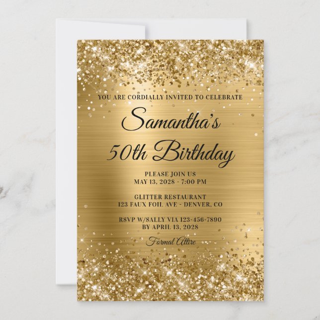 Guld Glitter Brushed Foil 50 Birthday Inbjudningar (Framsida)