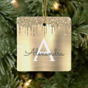 Guld Glitter Brushed Metall Monogram Namn Julgransprydnad Keramik