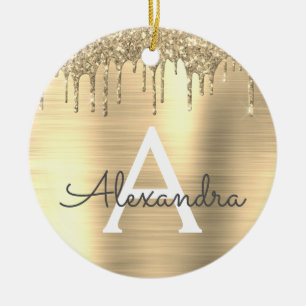 Guld Glitter Brushed Metall Monogram Namn Julgransprydnad Keramik
