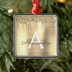 Guld Glitter Brushed Metall Monogram Namn Julgransprydnad Metall