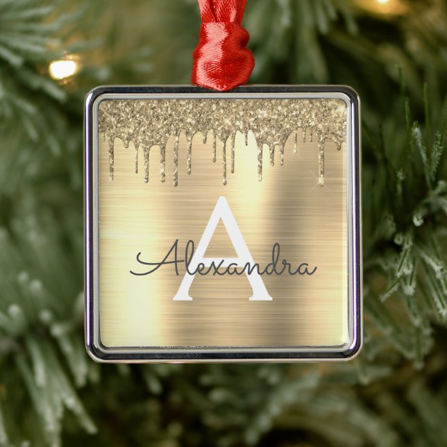 Guld Glitter Brushed Metall Monogram Namn Julgransprydnad Metall (Träd)