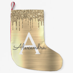 Guld Glitter Brushed Metall Monogram Namn Liten Julstrumpa