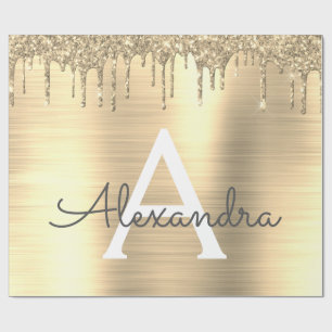 Guld Glitter Brushed Metall Monogram Namn Presentpapper