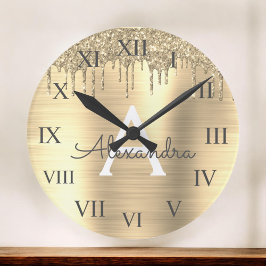 Guld Glitter Brushed Metall Monogram Namn Stor Klocka