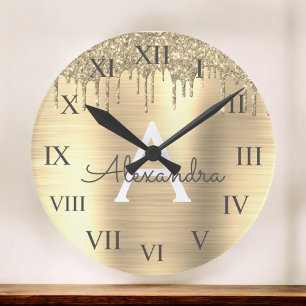 Guld Glitter Brushed Metall Monogram Namn Stor Klocka
