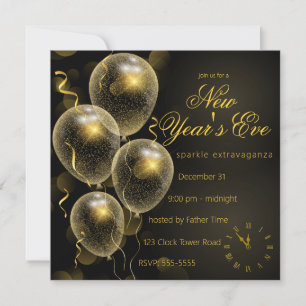 Guld Glitter Bubblor Black Nyårsafton Party Inbjudningar