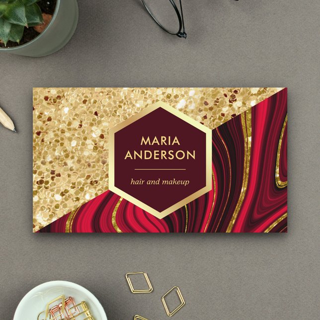 Guld Glitter Burgunderröd Marmor Sminkartist Visitkort (Skapare uppladdad)