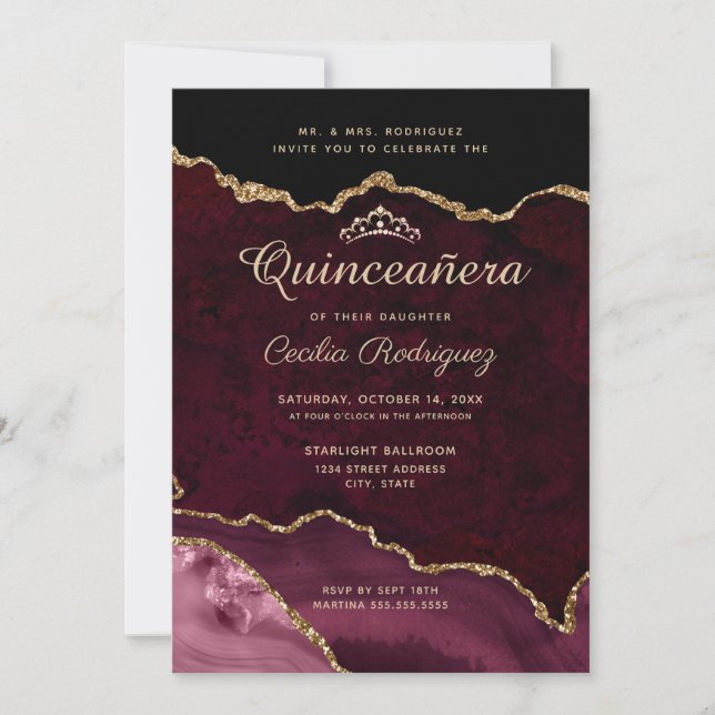 Guld Glitter Burgundy Agate Quinceanera Inbjudningar (Framsida)