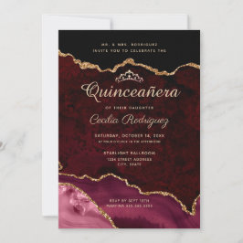 Guld Glitter Burgundy Agate Quinceanera Inbjudningar
