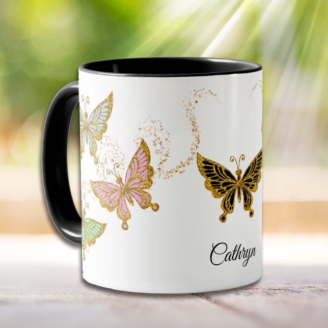 Guld Glitter Butterflies och Stars Mugg (Skapare uppladdad)