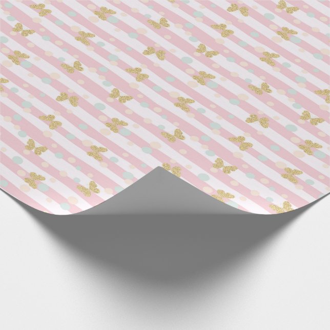 Guld Glitter Butterflies Rosa Rand Girly Presentpapper (Hörn)