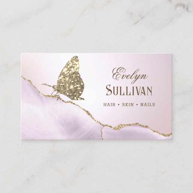 Guld Glitter Butterfly Lilac Agate Affärskort Visitkort (Framsida)