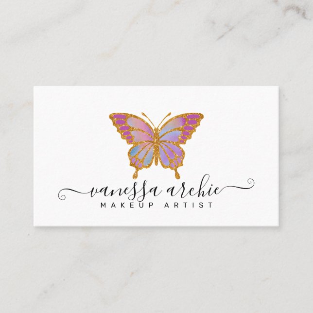 Guld Glitter Butterfly Logotyp Affärskort Visitkort (Framsida)
