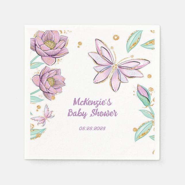 Guld Glitter Butterfly och Flower Girl Baby Shower Pappersservett (Framsidan)