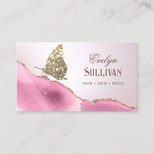 Guld Glitter Butterfly Rosa Agate Visitkort