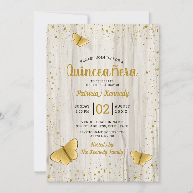 Guld Glitter Butterfly Rustic Wood Quinceanera Inbjudningar (Framsida)