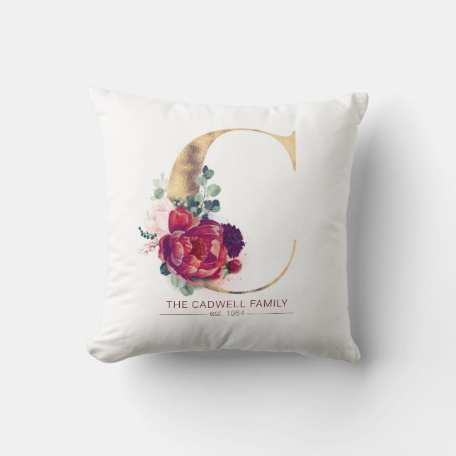 Guld Glitter C Monogram Blommigt Burgundy Red Kudde (Framsida)