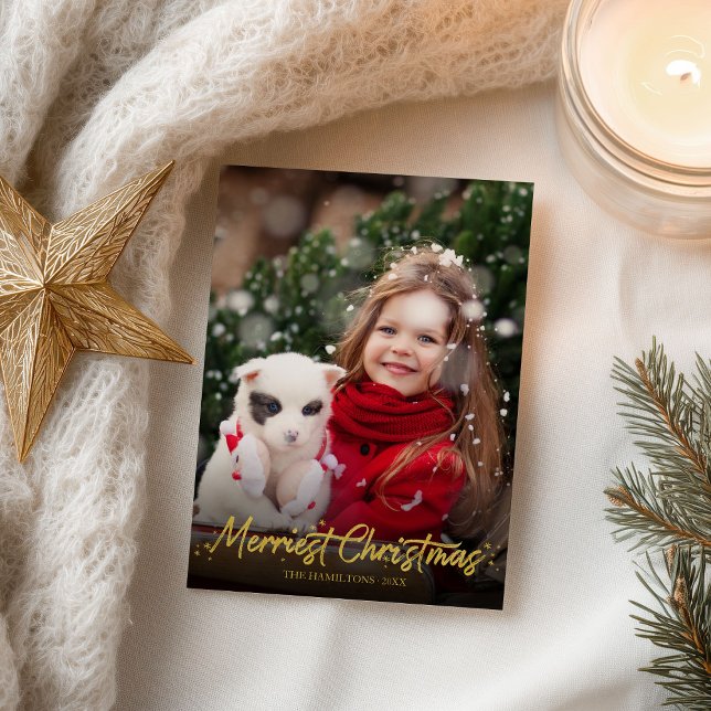 Guld Glitter Calligraphy Photo Merriest jul Vykort (Skapare uppladdad)