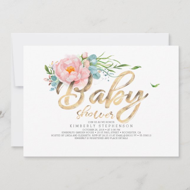 Guld Glitter Calligraphy Rosa Blommigt Baby Shower Inbjudningar (Framsida)