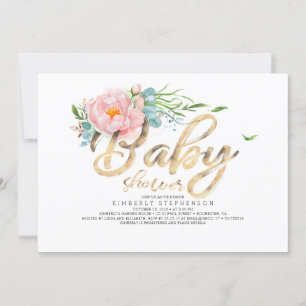 Guld Glitter Calligraphy Rosa Blommigt Baby Shower Inbjudningar