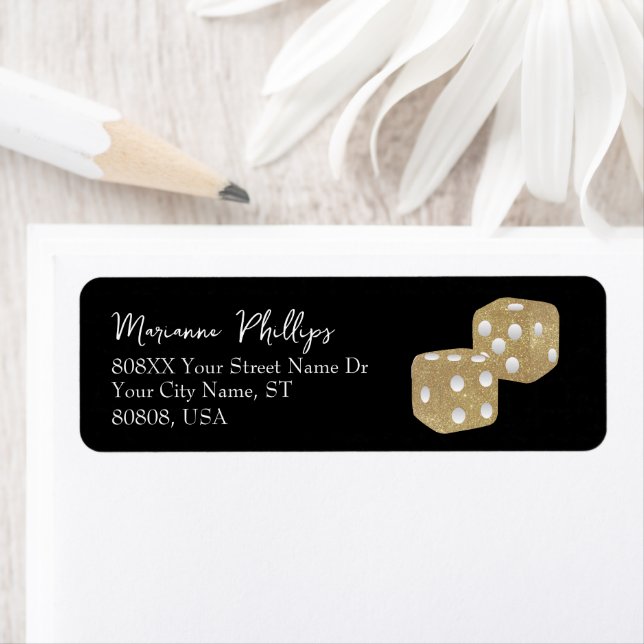 Guld Glitter Casino Dice på Black Returadress Etikett (Insitu)