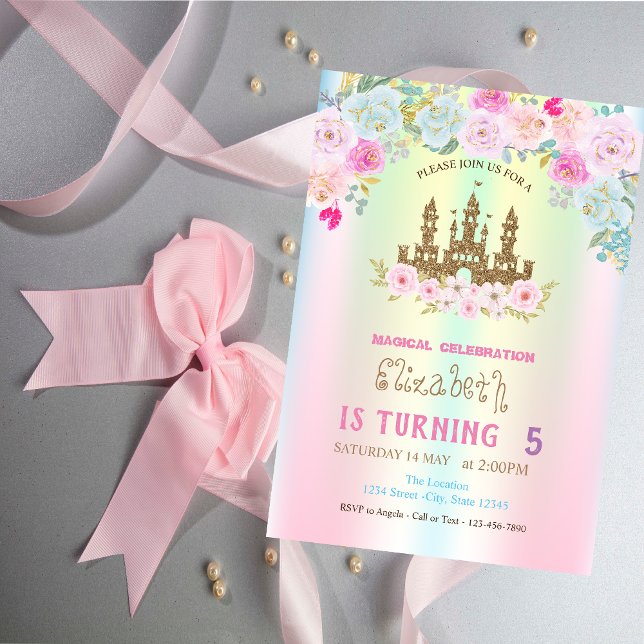 Guld Glitter Castle FIoral Iridescent Birthday Inbjudningar (Skapare uppladdad)