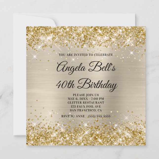 Guld Glitter Champagne Shimmer Folie Fancy Monogra Inbjudningar (Framsida)