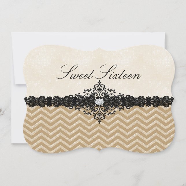 Guld Glitter Chevron & Damask Sweet16 Inbjudan (Framsida)