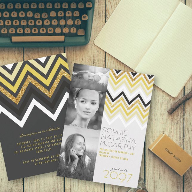 Guld Glitter Chevron Rand Chic Studentfest  Inbjudningar (Skapare uppladdad)