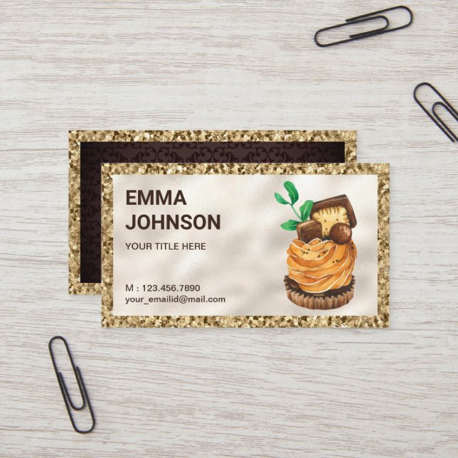 Guld Glitter Chocolate Tart Pastry Chef Bakery Visitkort (Fram/Back In Situ)