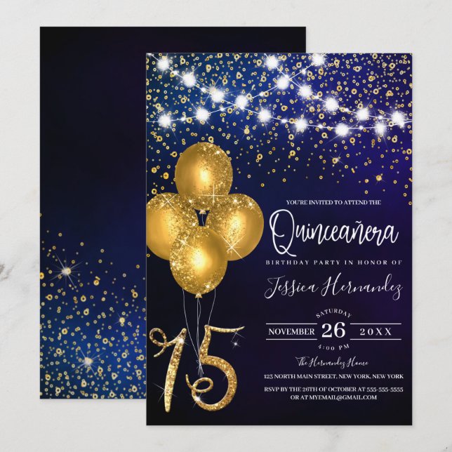 Guld Glitter Confetti Balloons Ljus Quinceañera Inbjudningar (Fram/baksida)