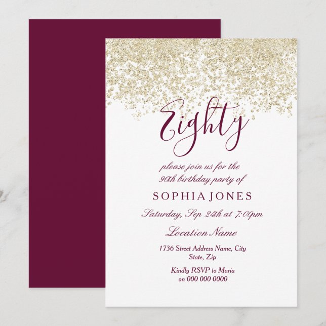 Guld Glitter Confetti Burgundy 80:e födelsedagsfes Inbjudningar (Fram/baksida)