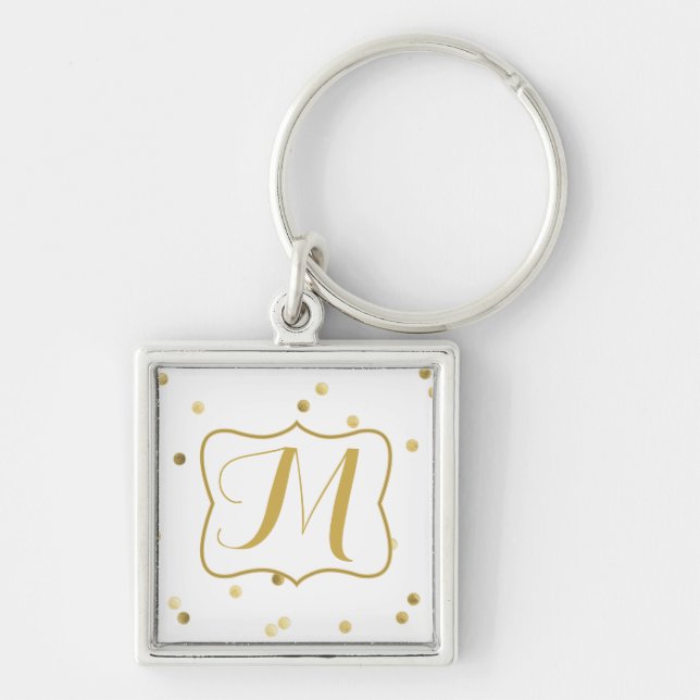 Guld Glitter Confetti Dot Polka Monogram Nyckelrin Fyrkantig Silverfärgad Nyckelring (Framsidan)