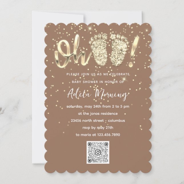Guld Glitter Confetti Feet Flicka QR CODE Brown Inbjudningar (Framsida)
