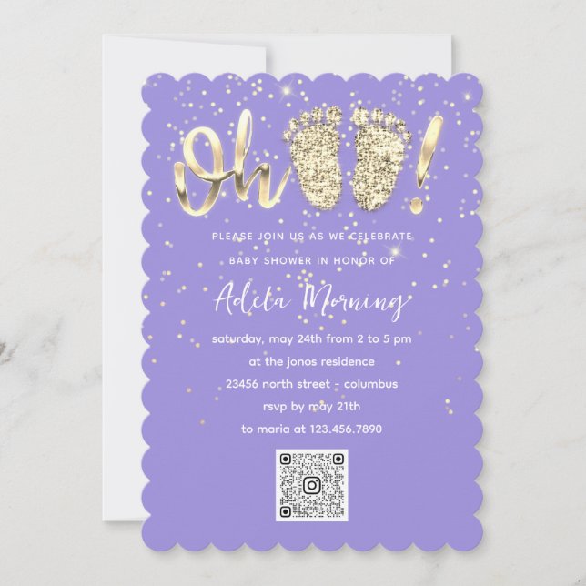 Guld Glitter Confetti Feet Flicka QRCODE Lila Inbjudningar (Framsida)