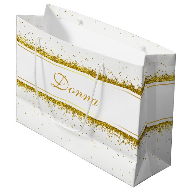 Guld Glitter Confetti Namn - stor gifteksbag (Framsidan Vinklad)