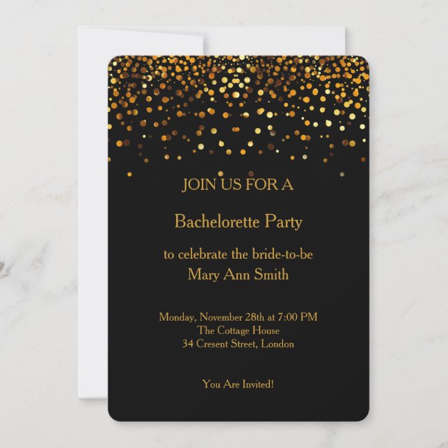 Guld Glitter Confetti Sparkles Black Bachelorette Inbjudningar (Framsida)