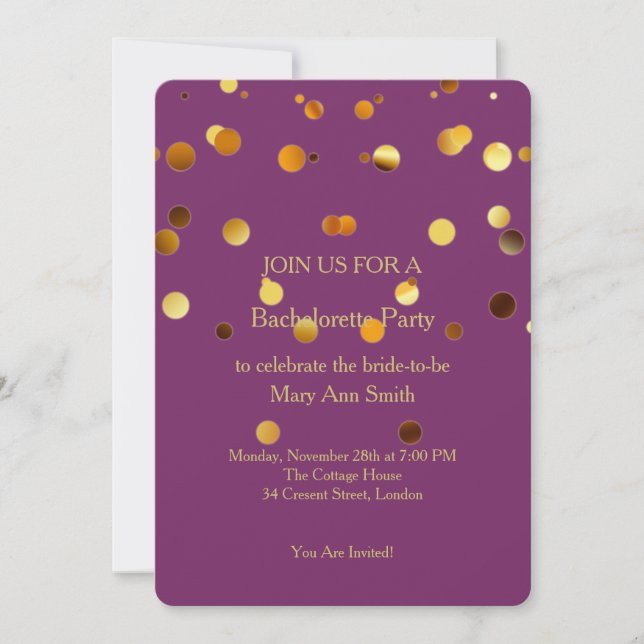 Guld Glitter Confetti Sparkles Lila Bachelorette Inbjudningar (Framsida)