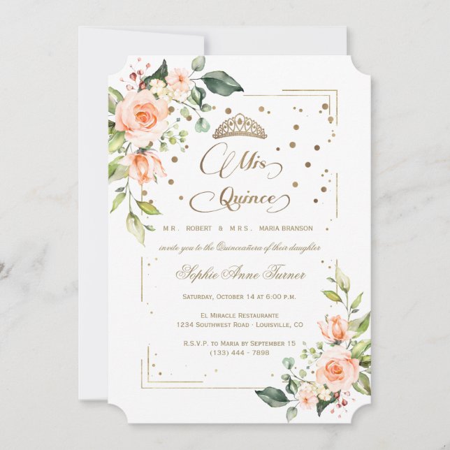 Guld Glitter Coral Blommigt Mis Quince Quinceañera Inbjudningar (Framsida)