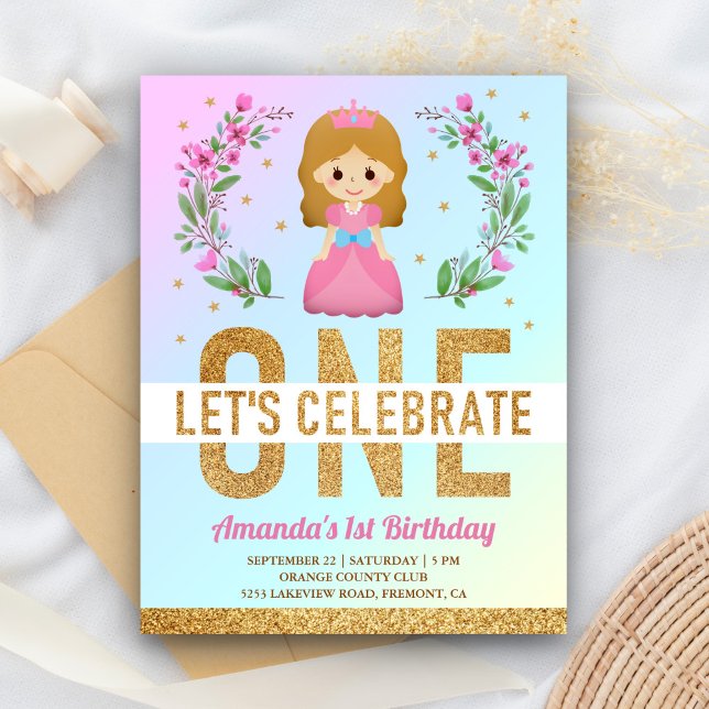 Guld Glitter Cute Rosa Princess 1:a födelsedagen P Inbjudan Vykort (Skapare uppladdad)