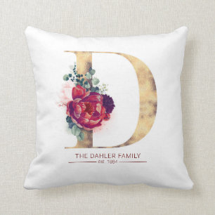 Guld Glitter D Monogram Blommigt Burgundy Red Kudde
