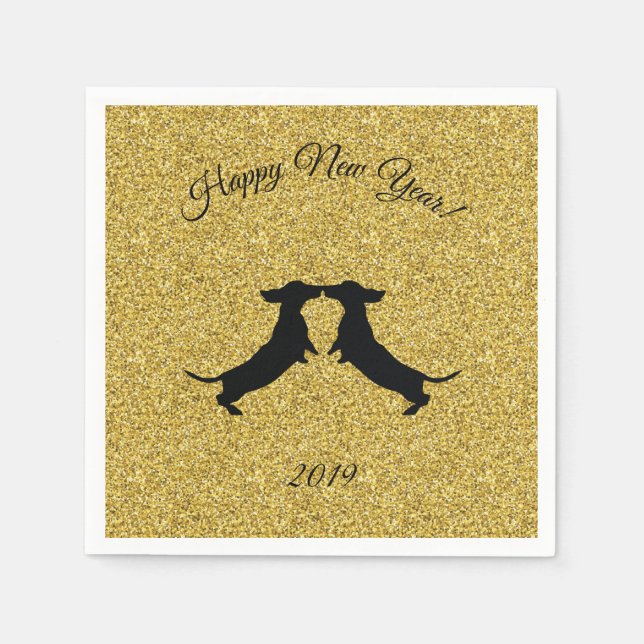 Guld Glitter Dachshund Nya året Party Napkins Pappersservett (Framsidan)