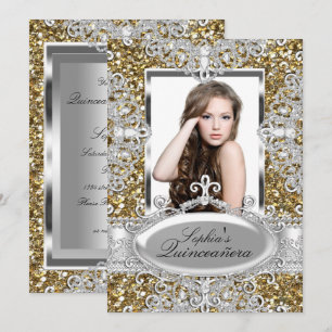Guld Glitter Diamant Glamour Quinceanera Inbjudan