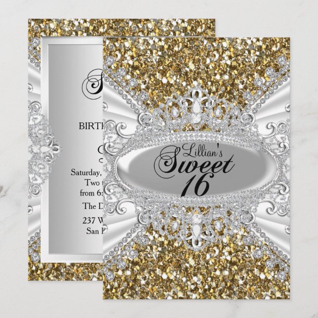 Guld Glitter Diamant Tiara Sweet 16 Inbjudan (Fram/baksida)