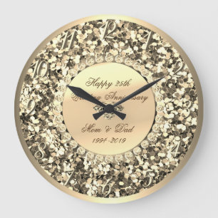 Guld Glitter diamanter 25:e Bröllop-årsdagen Stor Klocka