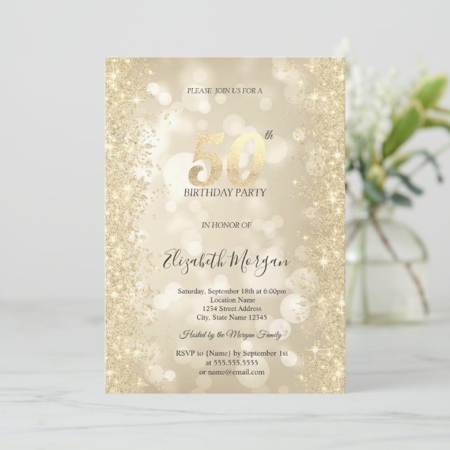 Guld Glitter Diamanter Bokeh 50-årsdag Inbjudningar (Stående Fram)