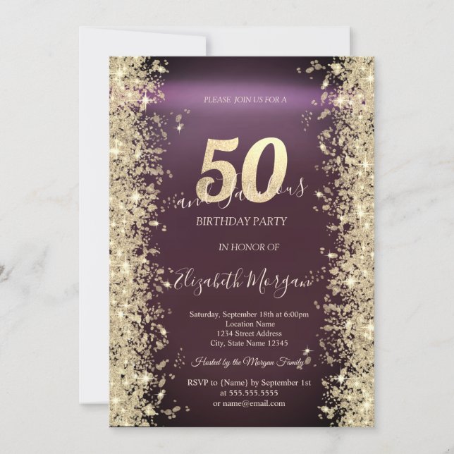 Guld Glitter Diamanter Burgunder 50-årsdag Inbjudningar (Framsida)